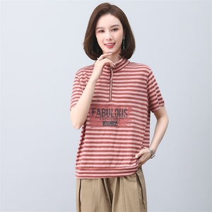 时尚条纹t恤女夏短袖2023新款中年妈妈宽松洋气翻领休闲印花上衣图片