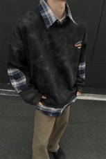 现货WY10095-P58加绒P68扎染撞色拼接格子假两件卫衣，男装卫衣，电商A059