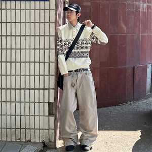 重磅秋冬装北极绒套头毛衣美式复古休闲慵懒风提花工艺针织衫外套图片