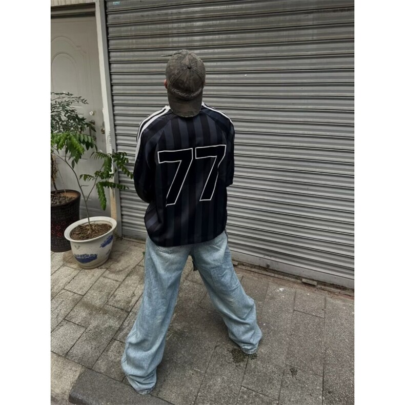 美式复古条纹长袖T恤男女春秋季字母印花球服宽松潮牌运动风卫衣,男装T恤,星座506A