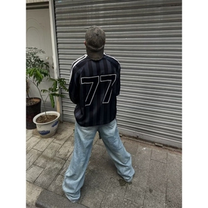 美式复古条纹长袖T恤男女春秋季字母印花球服宽松潮牌运动风卫衣图片