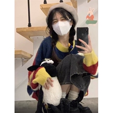 MM126-P65海马毛卡通撞色条纹圆领毛衣女秋冬慵懒风温柔软糯针织，女装针织衫/毛衣，星座617A-2