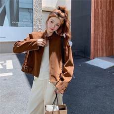 美拉德咖色麂皮绒短款外套女春秋高级感超火好看独特漂亮夹克上衣，女装短外套，2C327