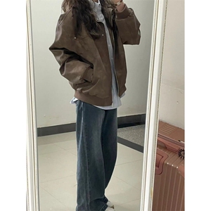 美式复古棕色翻领外套春秋2025新款皮衣高级感情侣夹克机车上衣图片