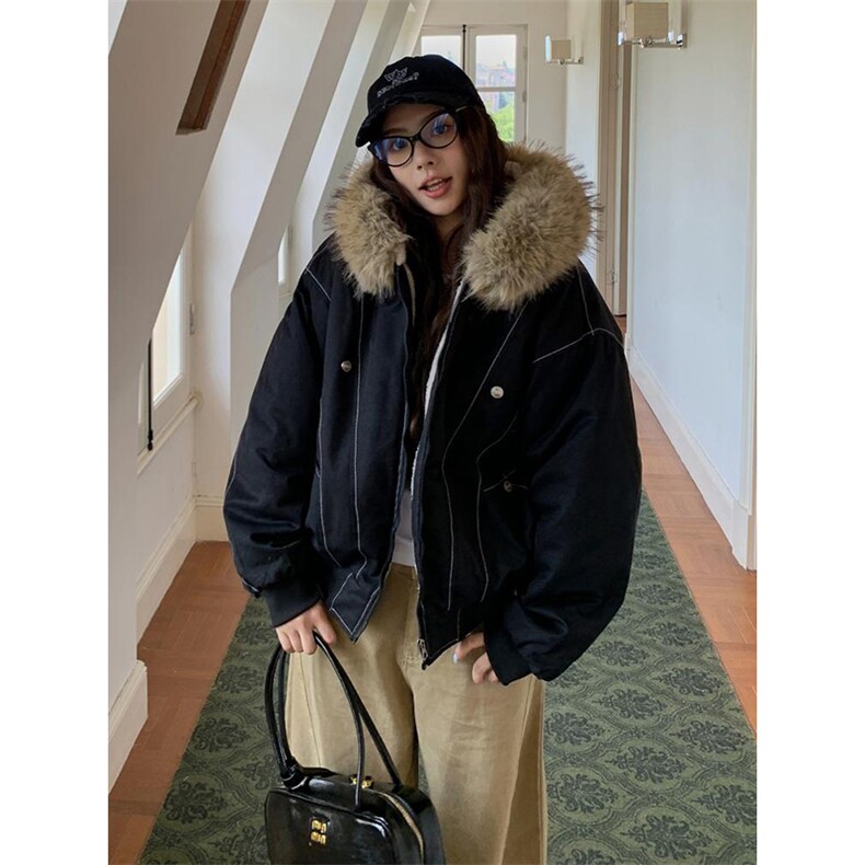 现货重磅boxy短款棉衣座山雕大毛毛领男女棉服水洗工装厚外套，男装棉衣，电商A486