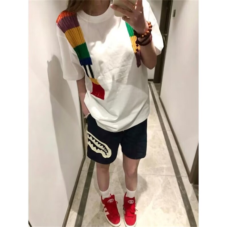 夏季设计感贴布鲨鱼嘴短裤男女美式潮流宽松休闲五分裤中裤子新款,男装牛仔裤,四季星座505