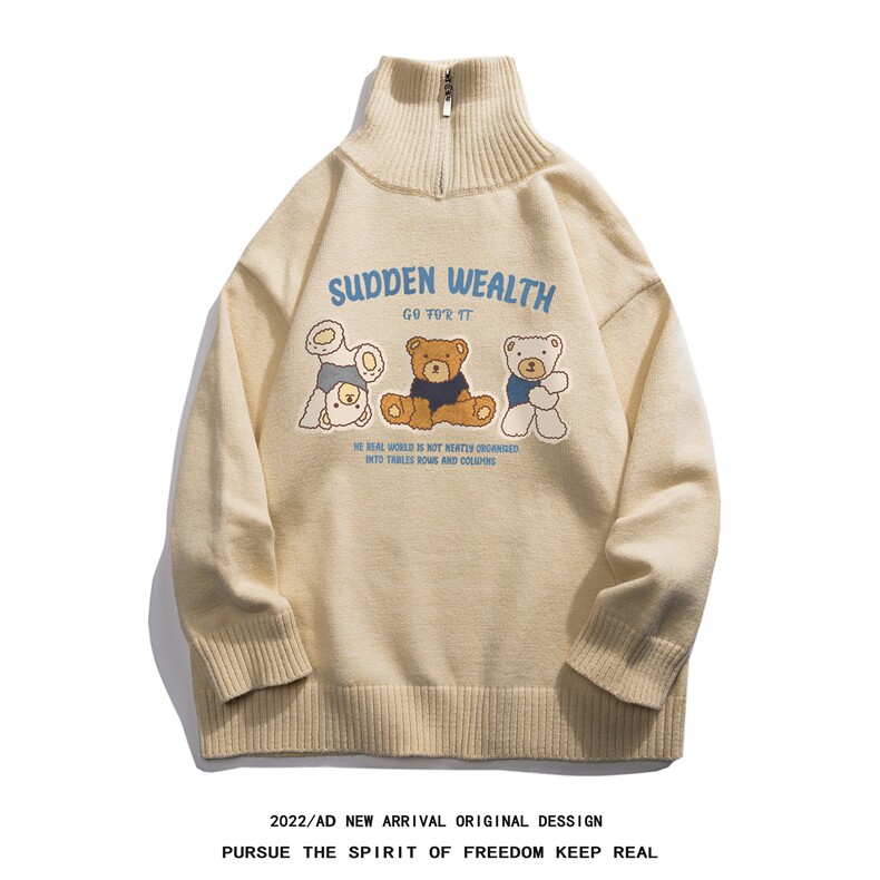 白底秋冬新款潮流趣味小熊印花保暖可翻拉链高领毛衣M3005P75控98,男装针织衫/毛衣,电商A247-1