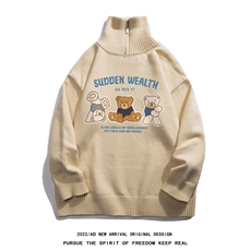 白底秋冬新款潮流趣味小熊印花保暖可翻拉链高领毛衣M3005P75控98，男装针织衫/毛衣，电商A247-1