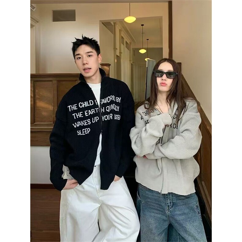 网图有货秋冬字母拉链开衫毛衣男女情侣宽松立领针织衫A1040-P58,男装针织衫/毛衣,星座1505