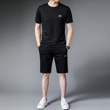 中年男士夏季休闲短袖套装2023年新款冰丝透气t恤短裤两件套男装，男装休闲套装，电商B212（原钱塘6029）