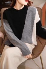 2024秋季新款圆领长袖拼色套头衫休闲百搭，女装羊毛衫，美雪羊绒