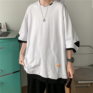 港风 破洞T恤男宽松假两件短袖五分袖180g，X1213-T112-P35图片