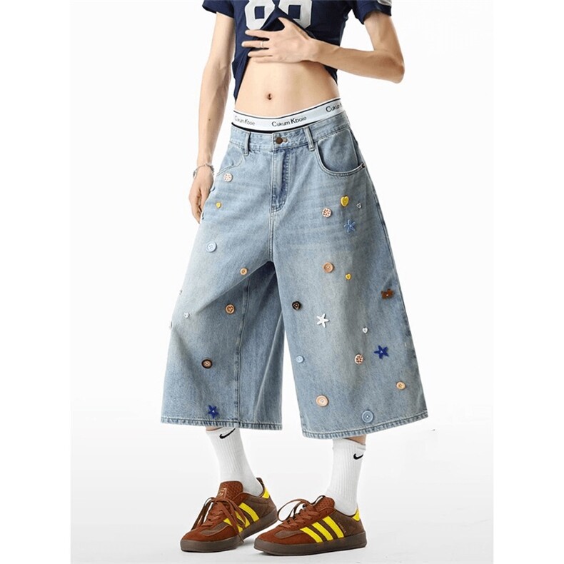 彩色纽扣牛仔短裤男女美式高街cleanfit裤子阔腿七分裤RK3058-P60,男装牛仔裤,星座412-1