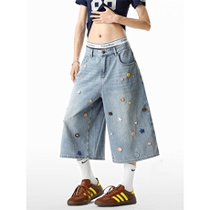 彩色纽扣牛仔短裤男女美式高街cleanfit裤子阔腿七分裤RK3058-P60，男装牛仔裤，星座412-1