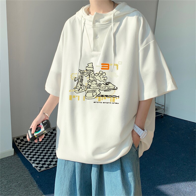 夏季港风冰丝宽松连帽短袖t恤五分体恤上衣TLM3823-P40控58,男装T恤,电商B370