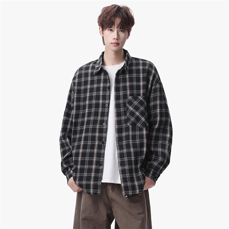 衬衫男春季新款港风宽松大码磨毛格子长袖衬衣CS550-P38，男装衬衫，星座214-3