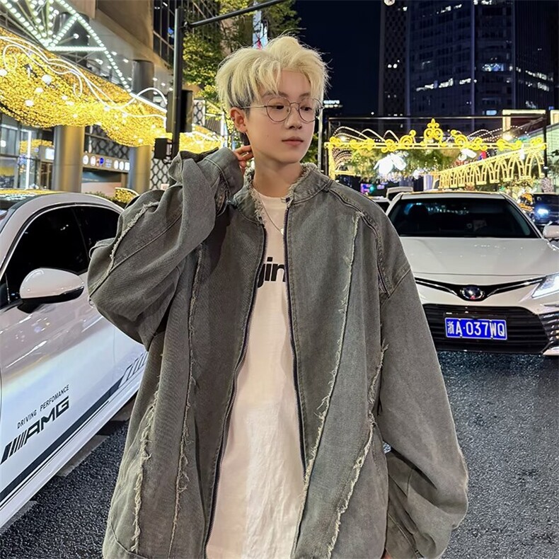复古短款毛边廓形拉链牛仔外套男立领夹克设计感拼接上衣2213/P74，男装工装外套，星座506