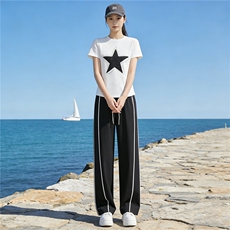 韩版时尚网红气质套装女夏新款洋气减龄五角星T上衣阔腿裤两件套，女装套装/套裙，江南