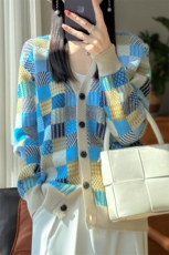 25秋冬格子拼色100%纯羊毛开衫女V领毛衣外套宽松针织羊绒衫外搭，女装针织衫/毛衣，冀清阳荣