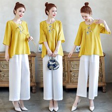 2021夏季新款文艺素雅复古刺绣休闲舒适棉麻两件套，女装套装/套裙，韩宇舍