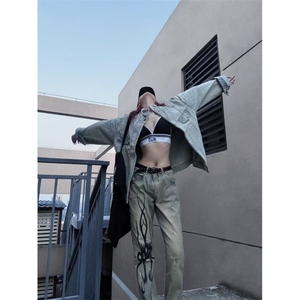 【有货】美式vibe黄泥色牛仔裤男女火焰残影直筒裤子NZ05HH-特P58图片