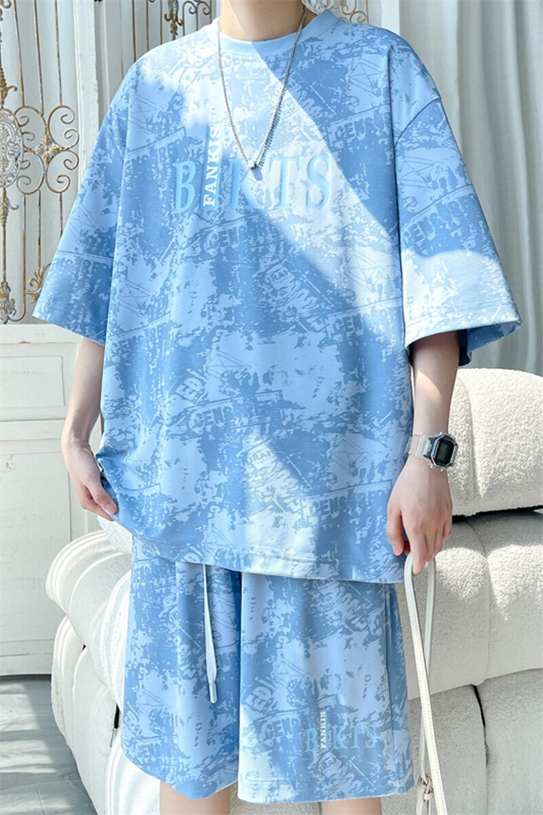 2025夏季新款旋律风车大码冰丝印花短袖套装M-5XHQ25575-特P50,男装休闲套装,电商A022