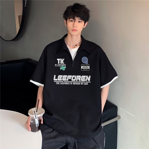 假两件翻领POLO衫宽松舒适男女同款潮牌大码POLO衫短袖T恤T82-p38,帅哥夏季西服搭配图片