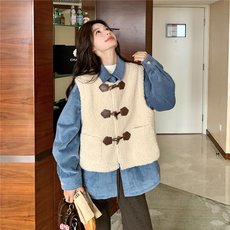 加棉蓝色衬衫棉服叠穿羊羔毛马甲套装女2025冬季新款学院风两件套,女装套装/套裙,2C293