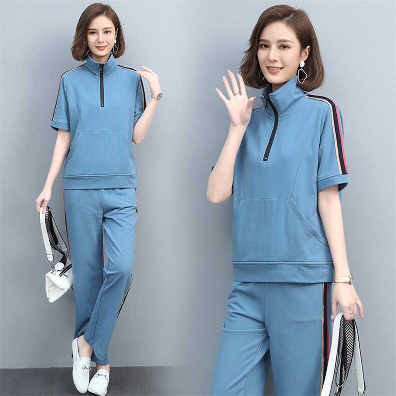 时尚休闲减龄拼色两件套舒适百搭显瘦运动套装，女装套装/套裙，涵誉