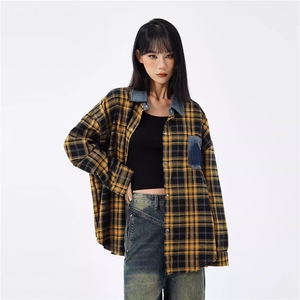 1506/QJ020/P44美式复古格子衬宽松潮牌痞帅休闲衫衣上衣外套图片