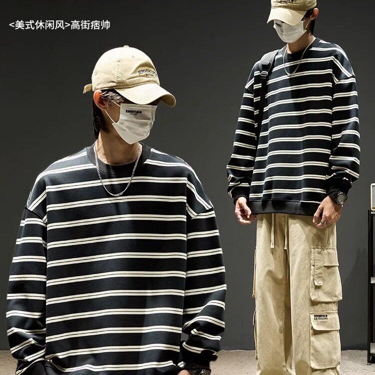 美式复古撞色条纹卫衣男秋季新款宽松百搭休闲港风圆领长袖t恤潮,男装T恤,星座506A