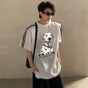抖音得物高品质二开240克宽松纯棉美式潮牌三条杠织带短袖T恤图片