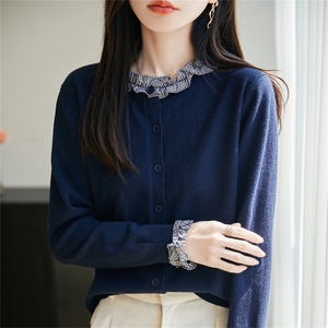法式温柔格纹木耳花边针织开衫女2025新设计感宽松毛衣短外套上衣图片