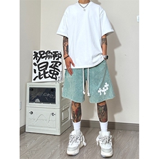 港风纯棉320G重磅水洗做旧发泡印花短裤A014-DY2331-P45控58，男装牛仔裤，电商A014