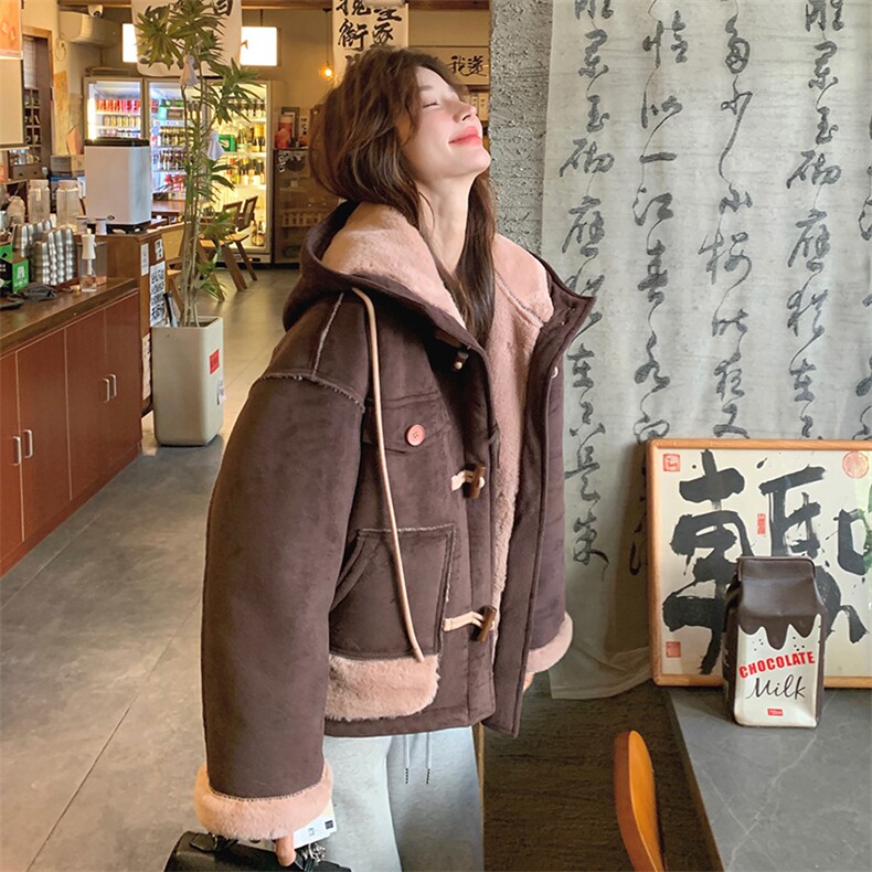 韩版加厚减龄连帽皮毛一体棉服女2025年冬季新款显瘦保暖加绒外套图片