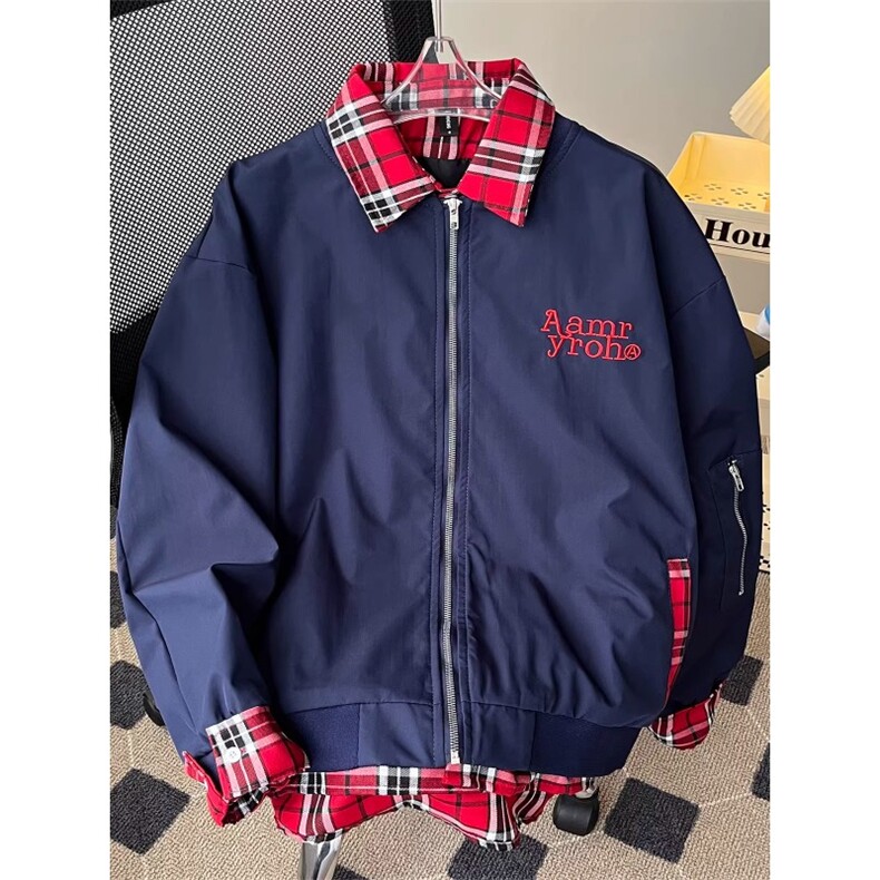 小众格子拼接假两件外套男秋复古工装飞行员夹克棒球服HH8561P70,男装夹克,星座1013-5