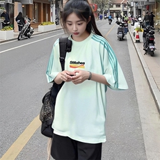 抖音得物品质二开240克宽松纯棉美式潮牌印花三条杠中性风短袖T恤，男装T恤，电商A486-1