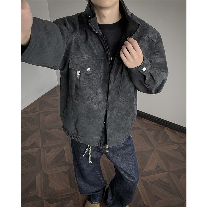 美式皮衣外套男春秋款潮牌立领麂皮绒夹克工装痞帅棒球服JK61-P90,男装皮衣,星座308B-2
