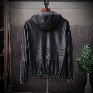 秋冬新款男潮风舒适皮夹克修身连帽男士休闲皮衣外套9955-P75图片