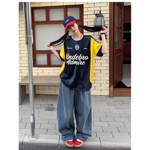 夏季美式复古拼接撞色字母印花短袖T恤男运动球衣机车骑行服上衣图片