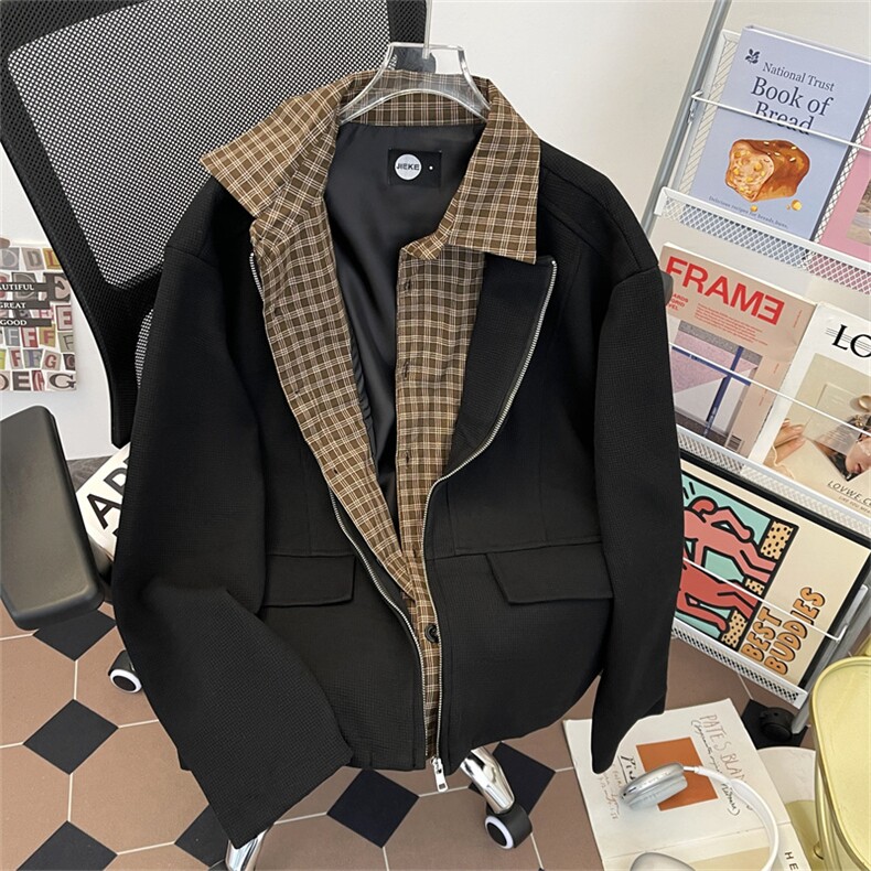 得物高品质秋款男假两件夹克衫格子条纹撞色宽松外套JAK16P85，男装夹克，星座1013-1