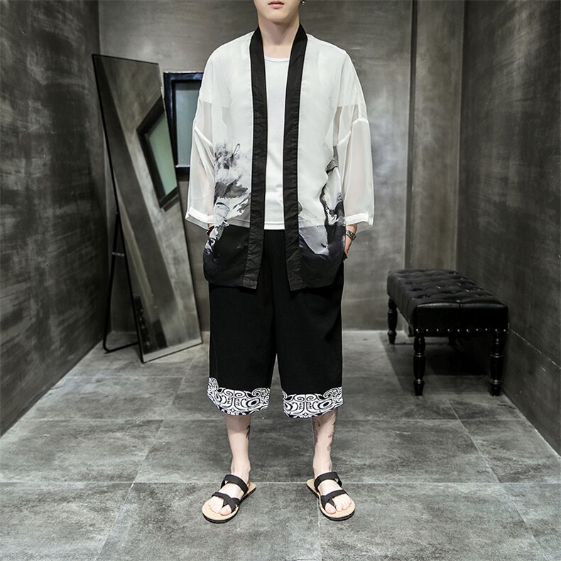2021夏季新款男装风衣中国风男防晒衣雪纺仙鹤印花披风F05,男装风衣,电商B277(原6028)