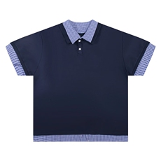 美式小众设计格子拼接短袖polo衫T恤男女夏宽松百搭潮流上衣，男装Polo衫，星座1210-1