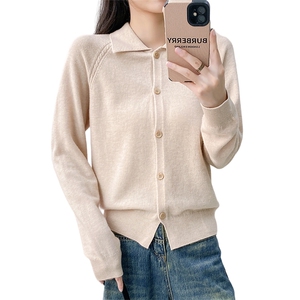 秋冬羊毛简约休闲小翻领开衫毛衣女宽松显瘦百搭针织衫图片