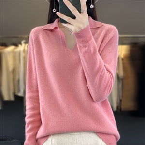 2024年秋冬季纯色POLO领套头时尚简约长袖羊毛衫图片