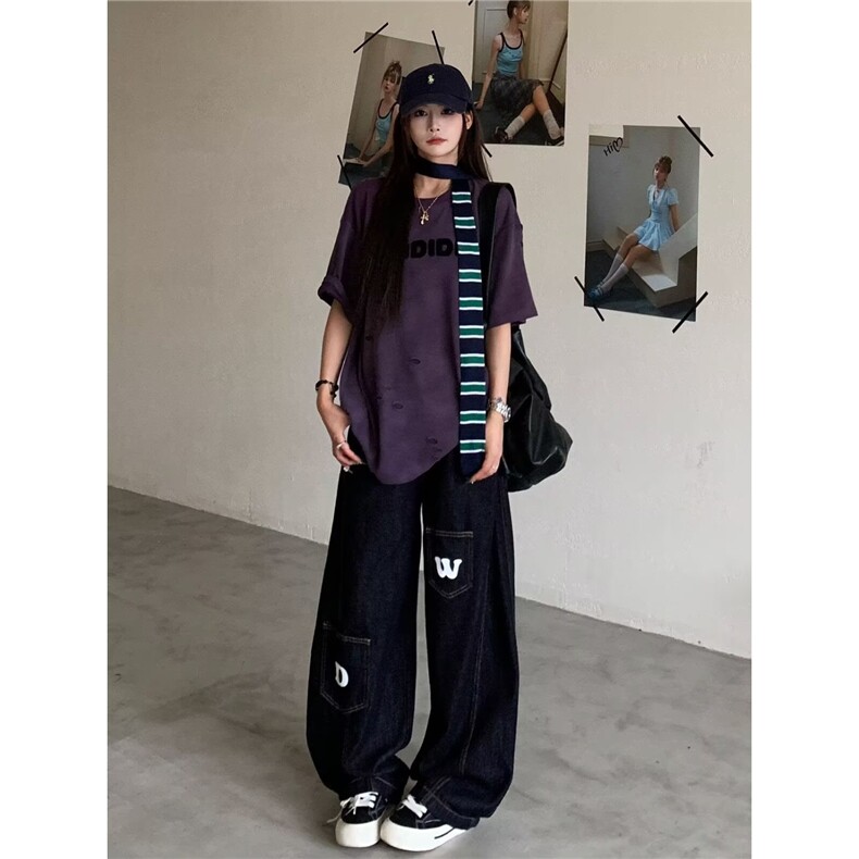 美式复古原色口袋字母弯刀牛仔裤男女款多口袋宽松休闲垂感阔腿裤,男装牛仔裤,星座813-3