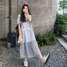 设计感学院风灰色连衣裙女2025夏新款宽松减龄网纱拼接T恤裙长裙，女装连衣裙，2C201