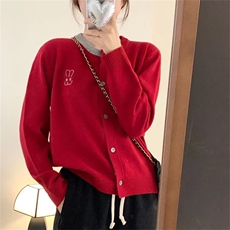 甜美粉色刺绣小兔子羊毛开衫女秋冬新款百搭宽松外套，女装羊毛衫，伟泽羊绒