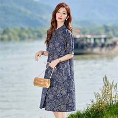 现货2025年夏季文艺复古印花妈妈休闲连衣裙，女装连衣裙，依恋蒂丝