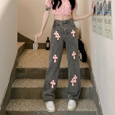 十字架牛仔裤女夏新款高腰直筒宽松阔腿裤裤子高街ins潮，男装牛仔裤，星座1210-1